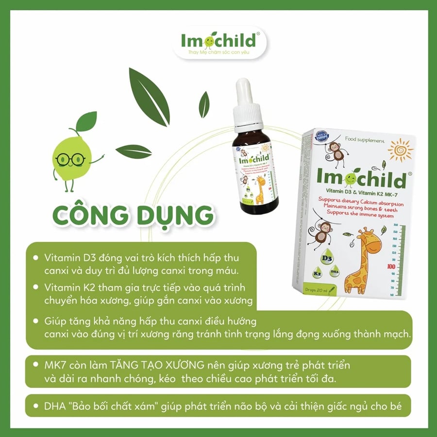Vitamin Imochild D3K2 MK7 DHA 20ml Vinmec Tăng Chiều Cao, Xương Chắc Khoẻ, Cải Thiện Trí Não