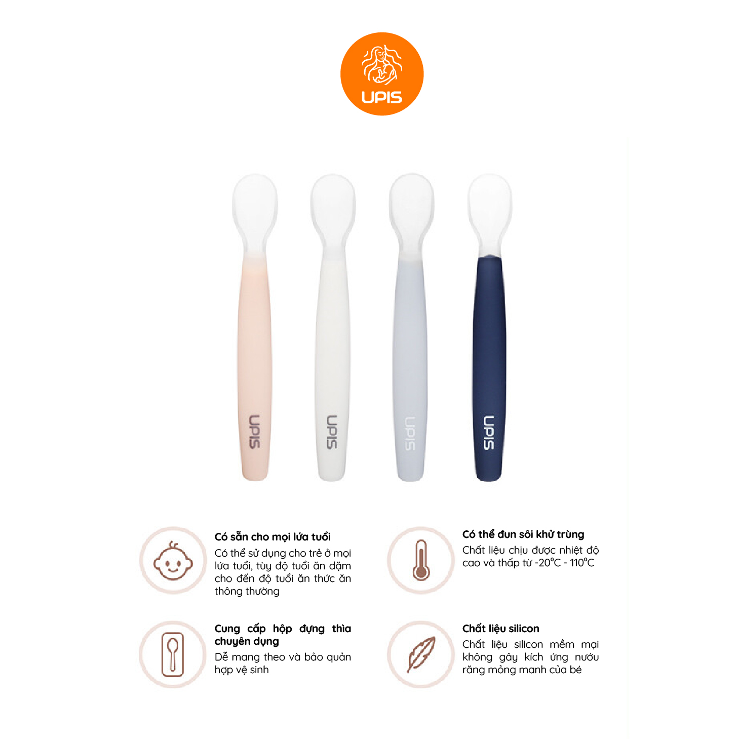Set 2 Thìa Muỗng Ăn Dặm Silicon Y Tế Siêu Mềm UPIS Hàn Quốc