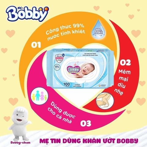 Combo 4 Gói Khăn Ướt Bobby Không Mùi Hương (100 miếng / gói)