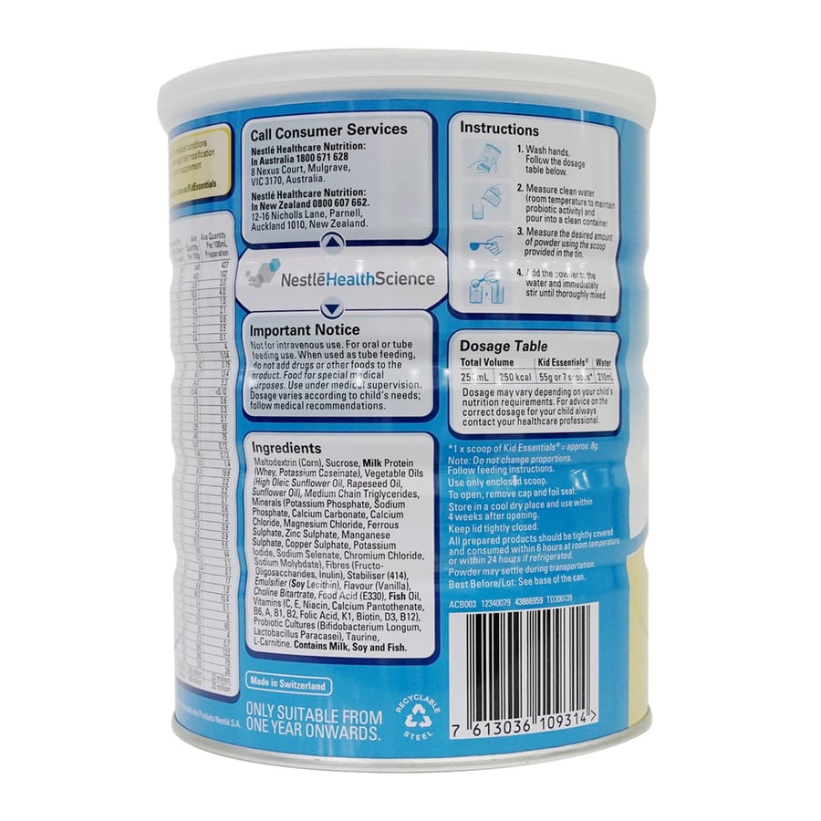 Sữa Công Thức Nestle Kid Essentials Vanilla Nội Địa Úc 800g (Dành cho trẻ 1-10 tuổi)