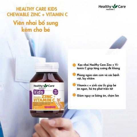 Viên Nhai Bổ Sung Kẽm Vitamin C cho bé Healthy Care Kids Zinc + Vitamin C 60 Viên