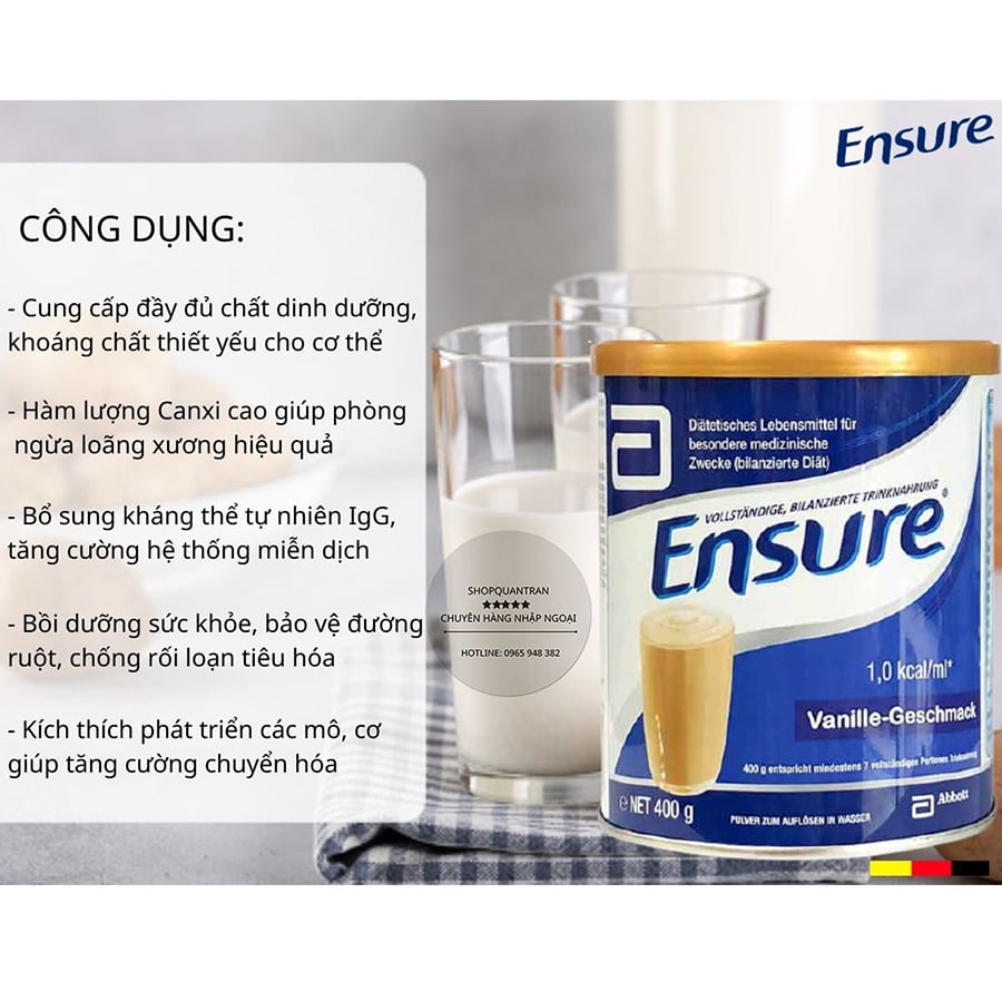 Sữa Bột Ensure Đức Vanille 400g Thực Phẩm Dành Cho Người Lớn Tuổi, Người Bệnh, Suy Nhược Cơ Thể