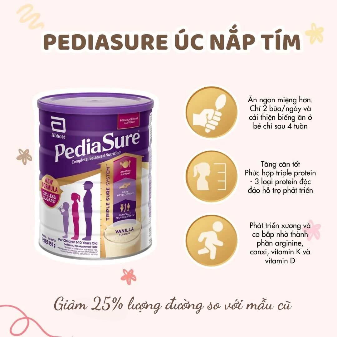 Sữa PediaSure Úc Nắp Tím 850G (trẻ từ 1-10 tuổi) - Sữa Bột Công Thức