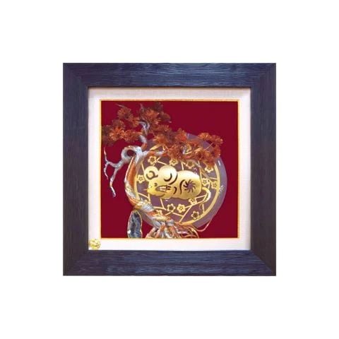 Khung tranh 27x27cm đồng điếu hoa mai Tý 13cm bonsai vàng