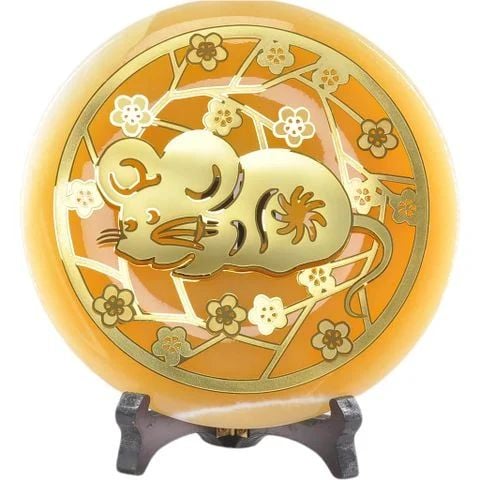 Đồng điếu Hoa Mai Quý linh Tý 16cm đá onyx