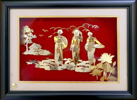 Khung tranh Thiếu nữ ba miền (23x30cm) đồng mạ vàng