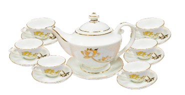 Bộ ấm tách trà men sứ trắng vẽ vàng logo Sacombank, bộ 1 ấm 6 ly kèm dĩa