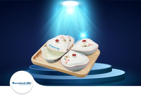 Bộ Khay mứt Bát tràng - 4 hủ, in chữ Sacombank màu xanh