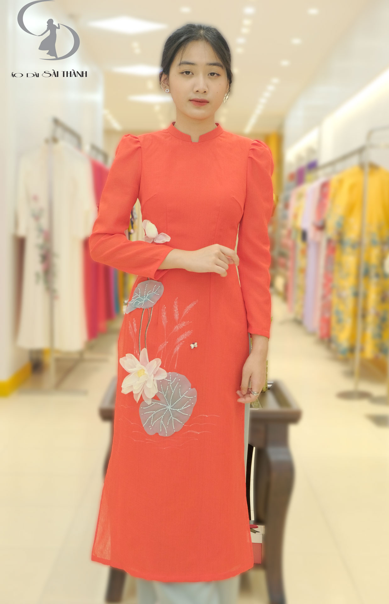 CT0011- Áo dài cách tân cam hoa sen 4 tà