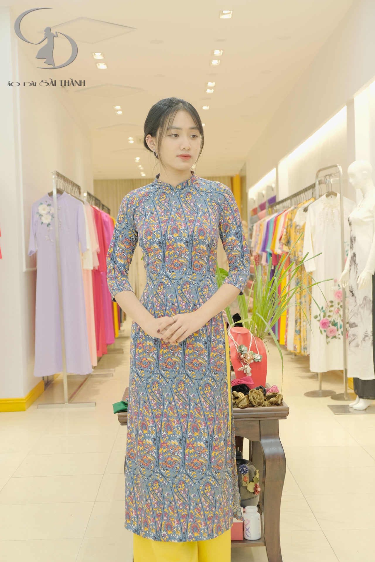 CT0027- Áo dài cách tân in họa tiết sò hoa