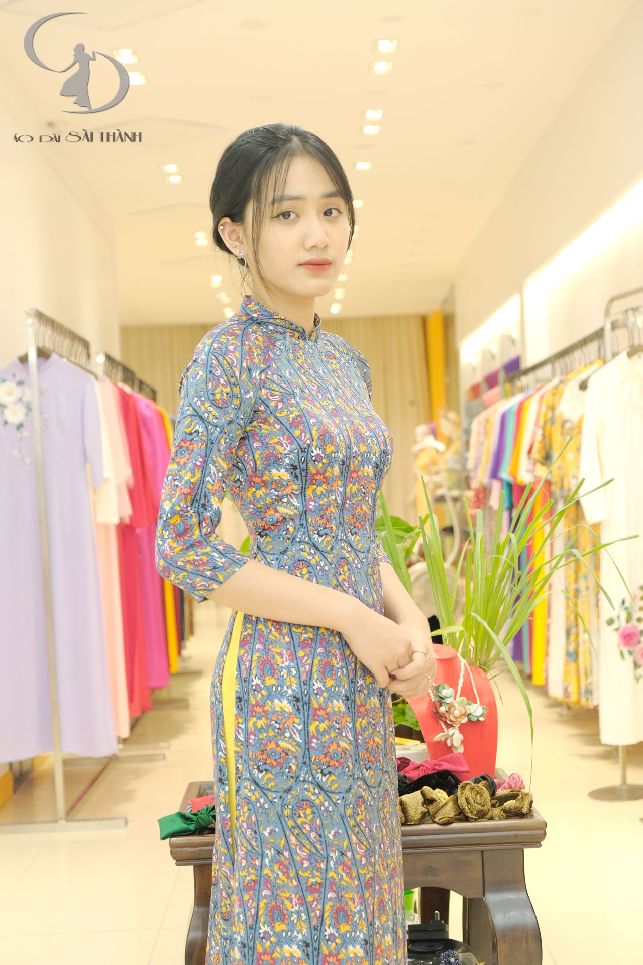 CT0027- Áo dài cách tân in họa tiết sò hoa