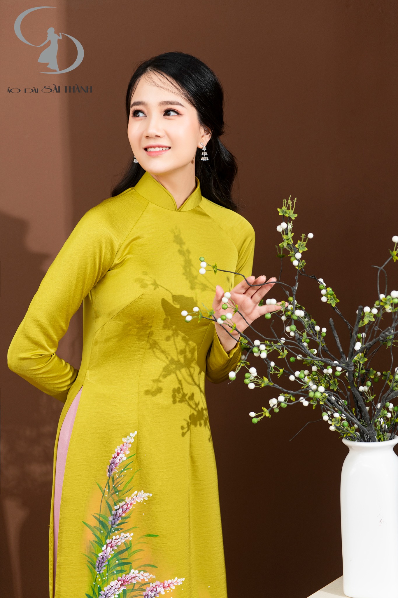 TT0109- Áo dài xanh cốm vẽ hoa lavenvder