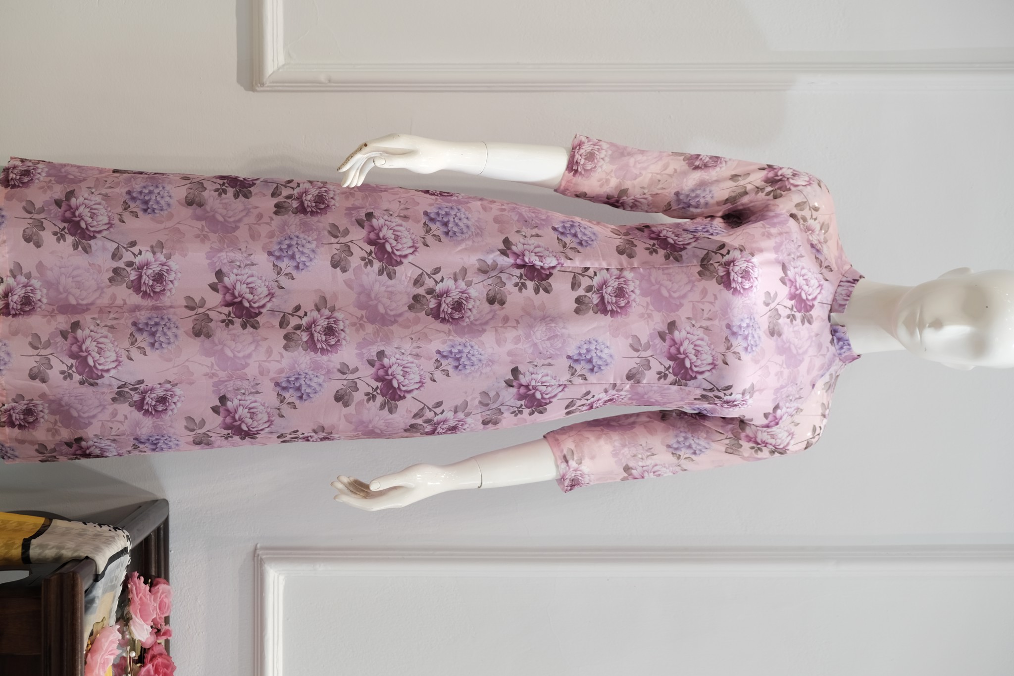 CT0003- Aó dài cách tân voan tơ hai lớp tím hoa Hồng leo