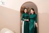 TT0116- Áo dài gấm xanh hoa cúc nhí