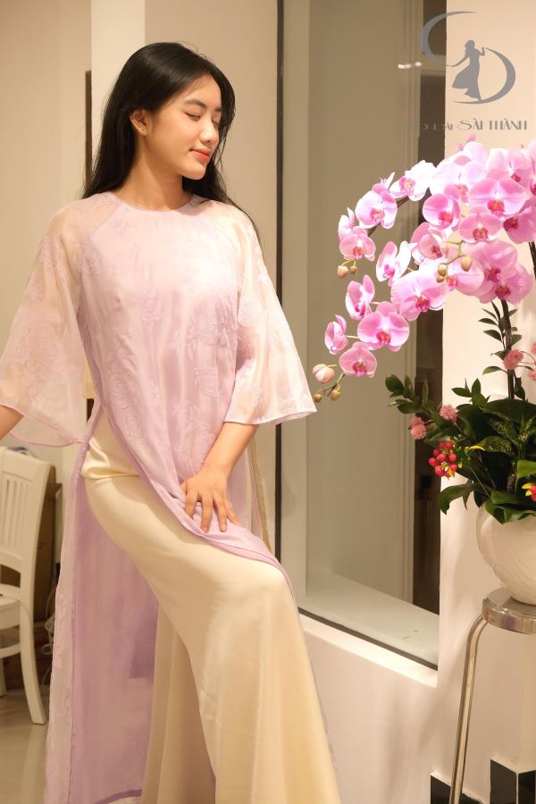 CT0040- Áo dài cách tân voan tơ hoa hồng tím