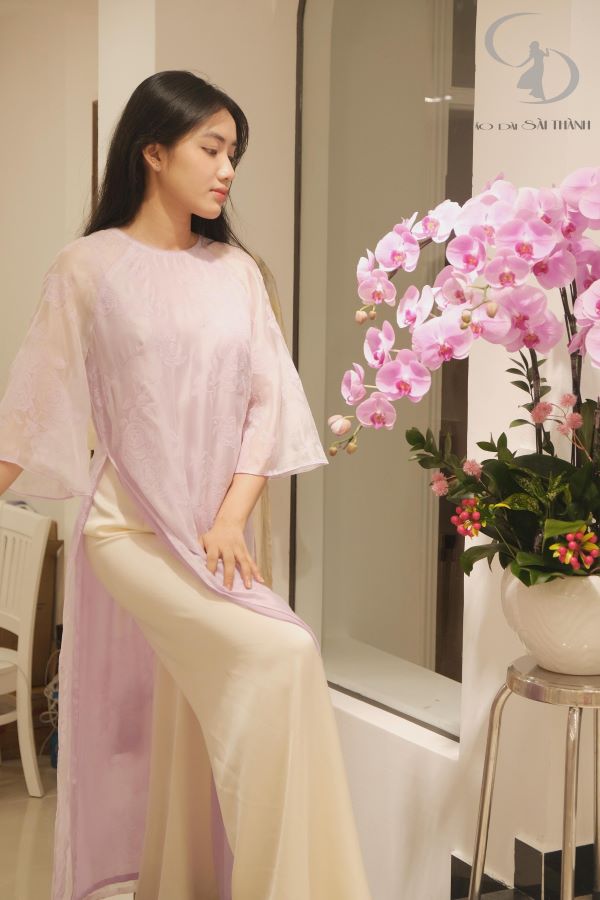CT0040- Áo dài cách tân voan tơ hoa hồng tím