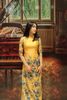TT0001- Áo dài tapta vàng họa tiết mùa xuân