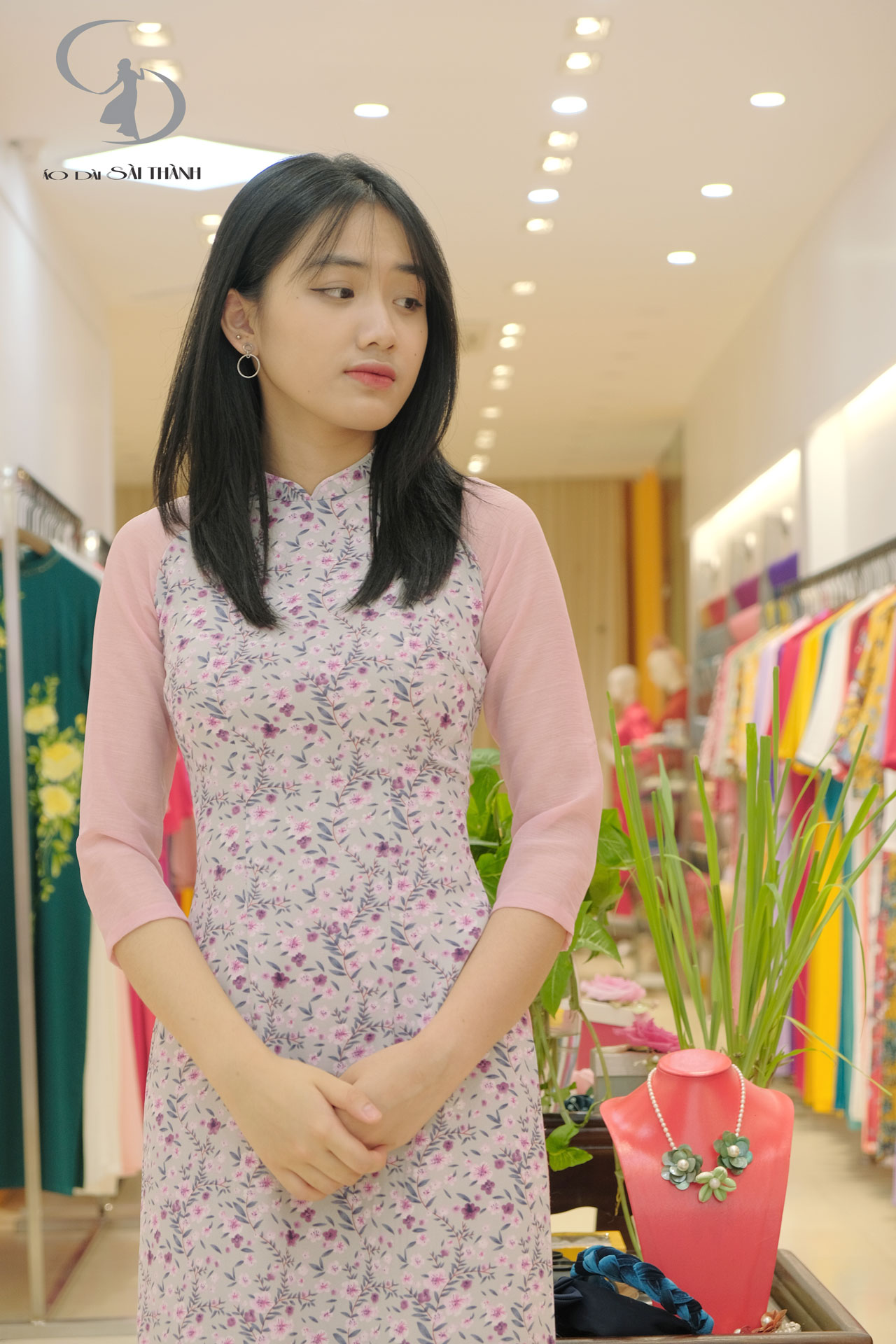 TT0003- Áo dài thô lụa hoa nhí tím