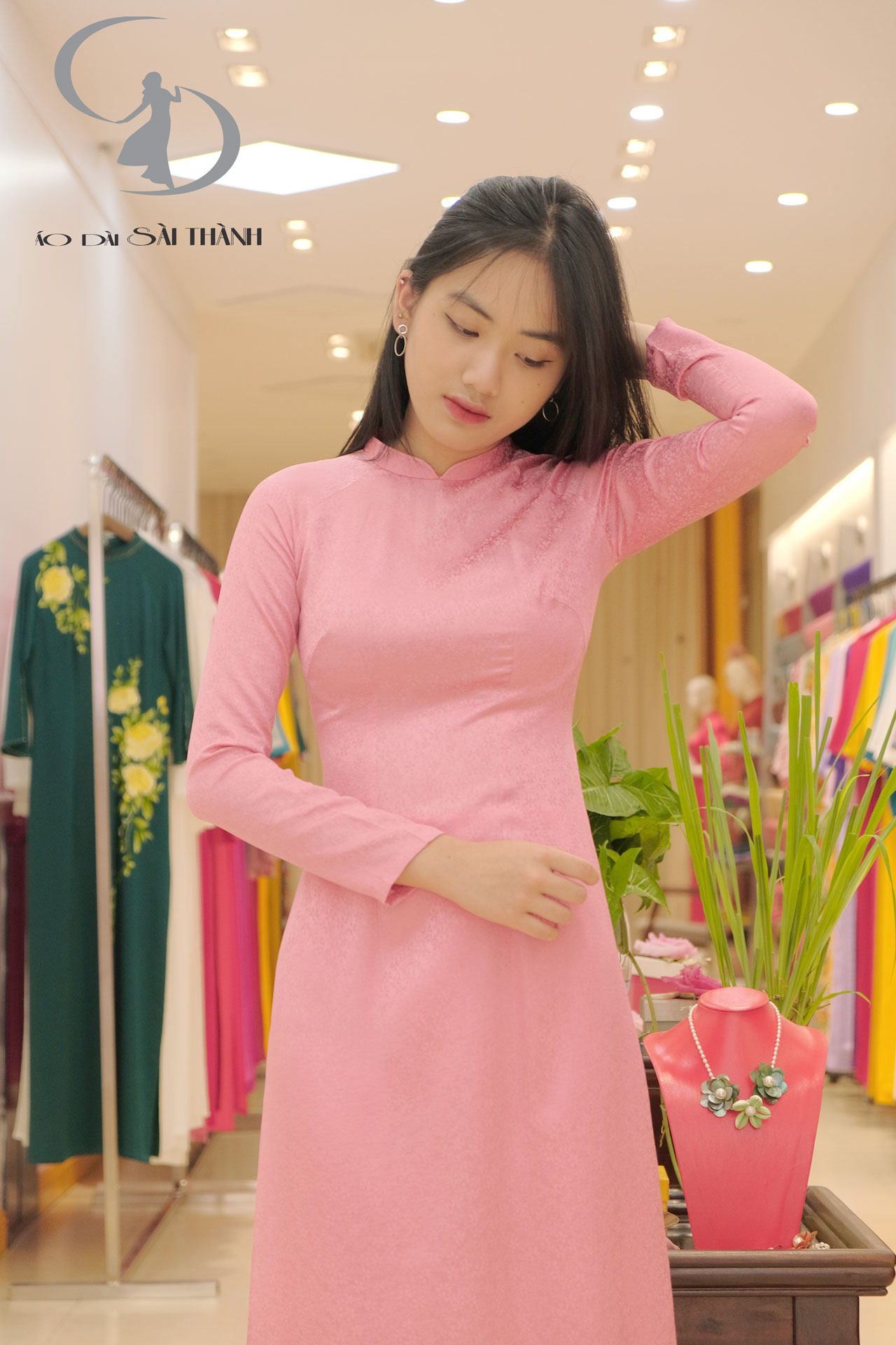 TT0029- Áo dài tơ tằm bèo dâu hồng tro