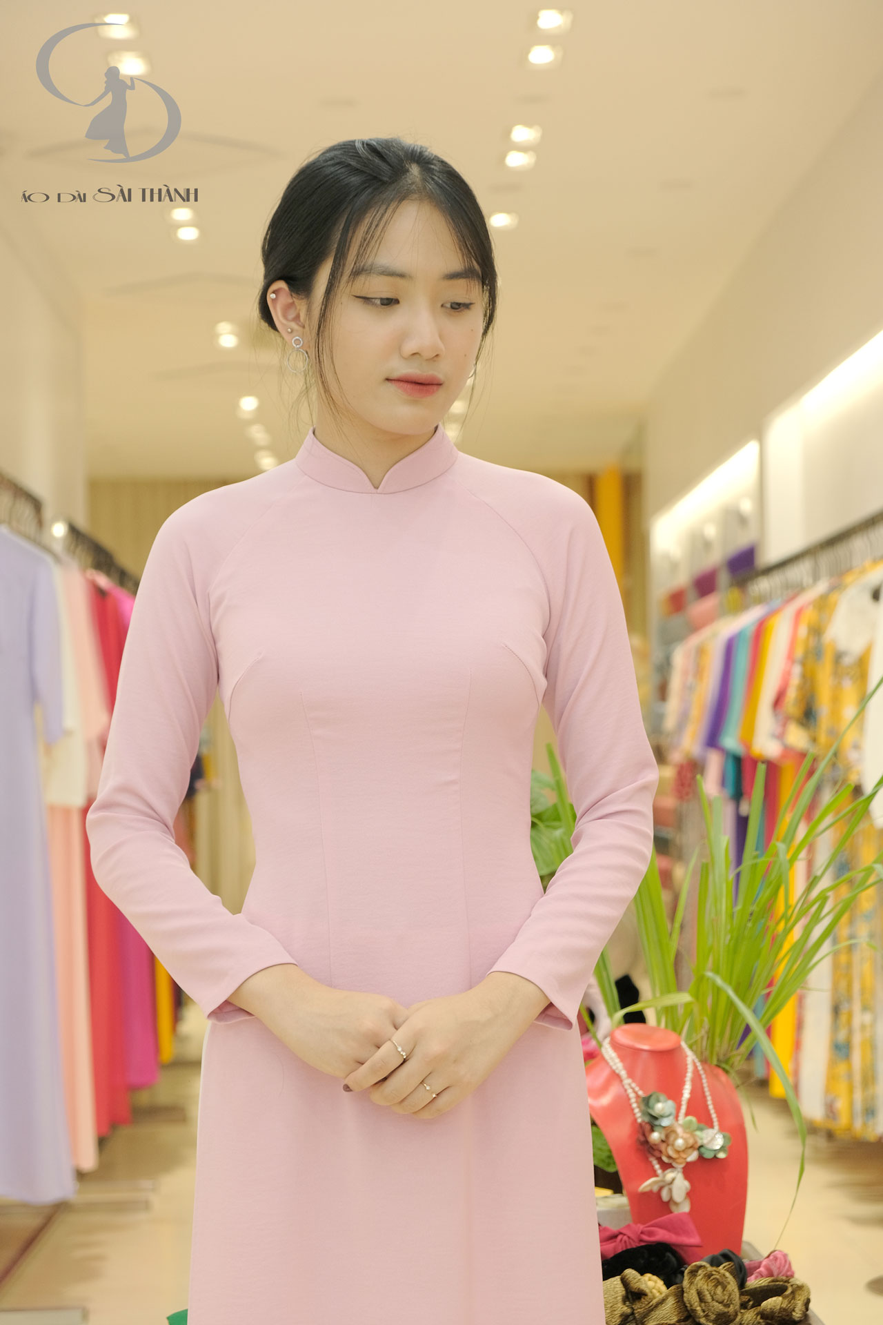 TT0042- Áo dài lụa mặt nhung hồng