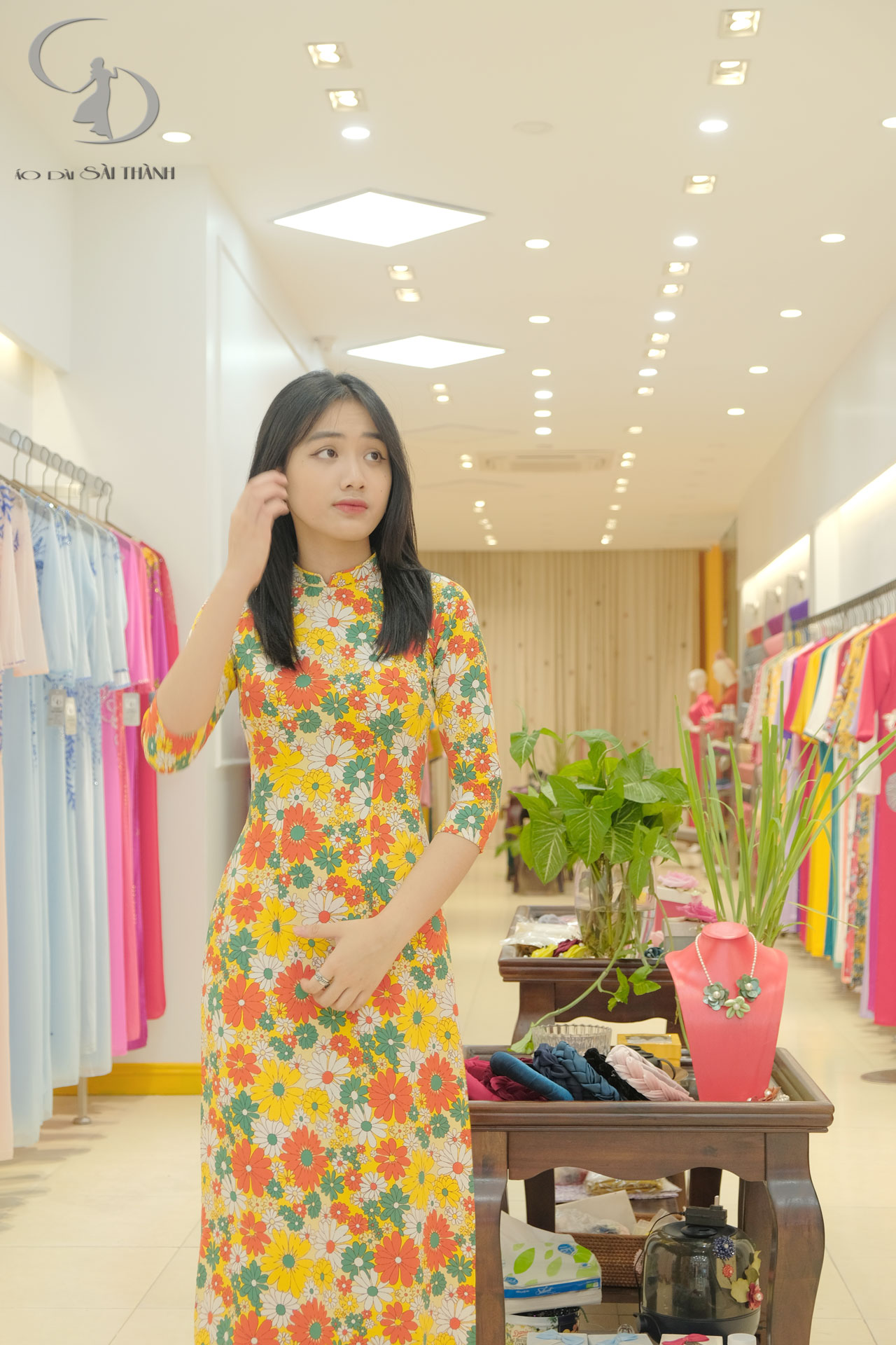 TT0054- Áo dài hoa nhí cúc nhiệt đới