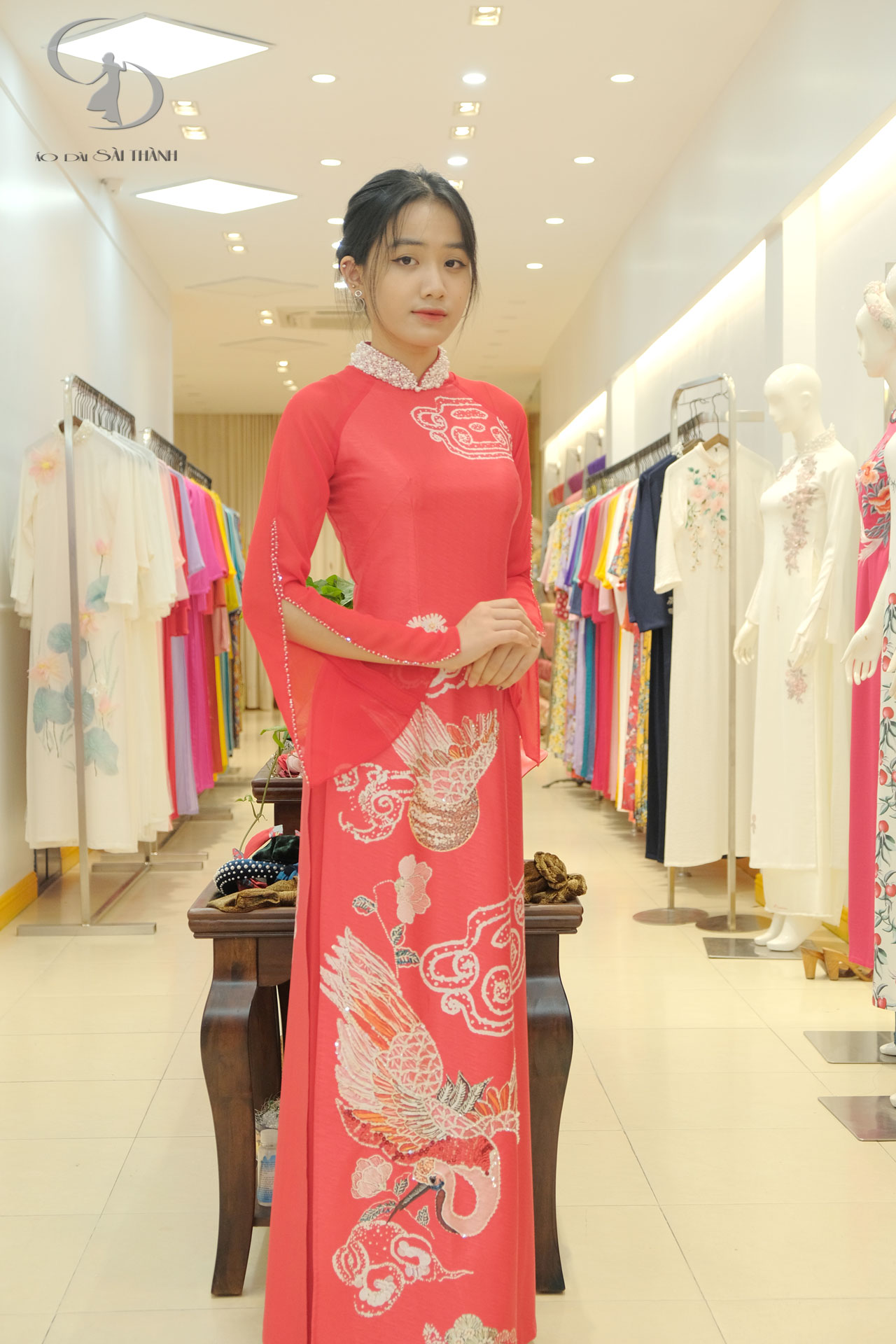 TT0058- Áo dài cưới đỏ hồng hạc