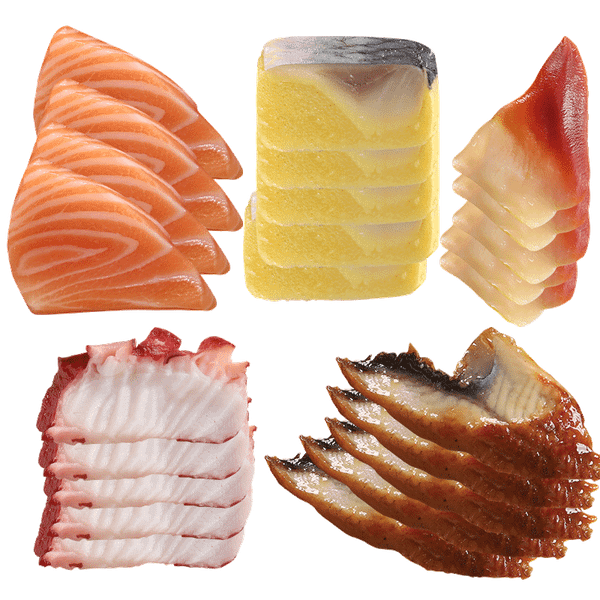  Set 55A 5 Loại Sashimi A (Cá Hồi, Lươn Nhật, Cá Trích Ép Trứng, Bạch Tuộc, Sò Đỏ Hokkigai) (25 Miếng/Phần) 