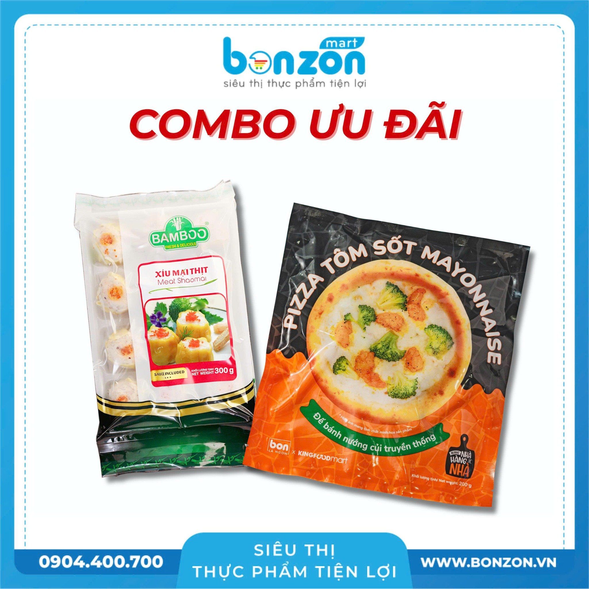  COMBO ZUI ZẺ PIZZA TÔM MAYONAISE KINGBON 18CM (200G) + XÍU MẠI THỊT BAMBOO 23G (300G) 