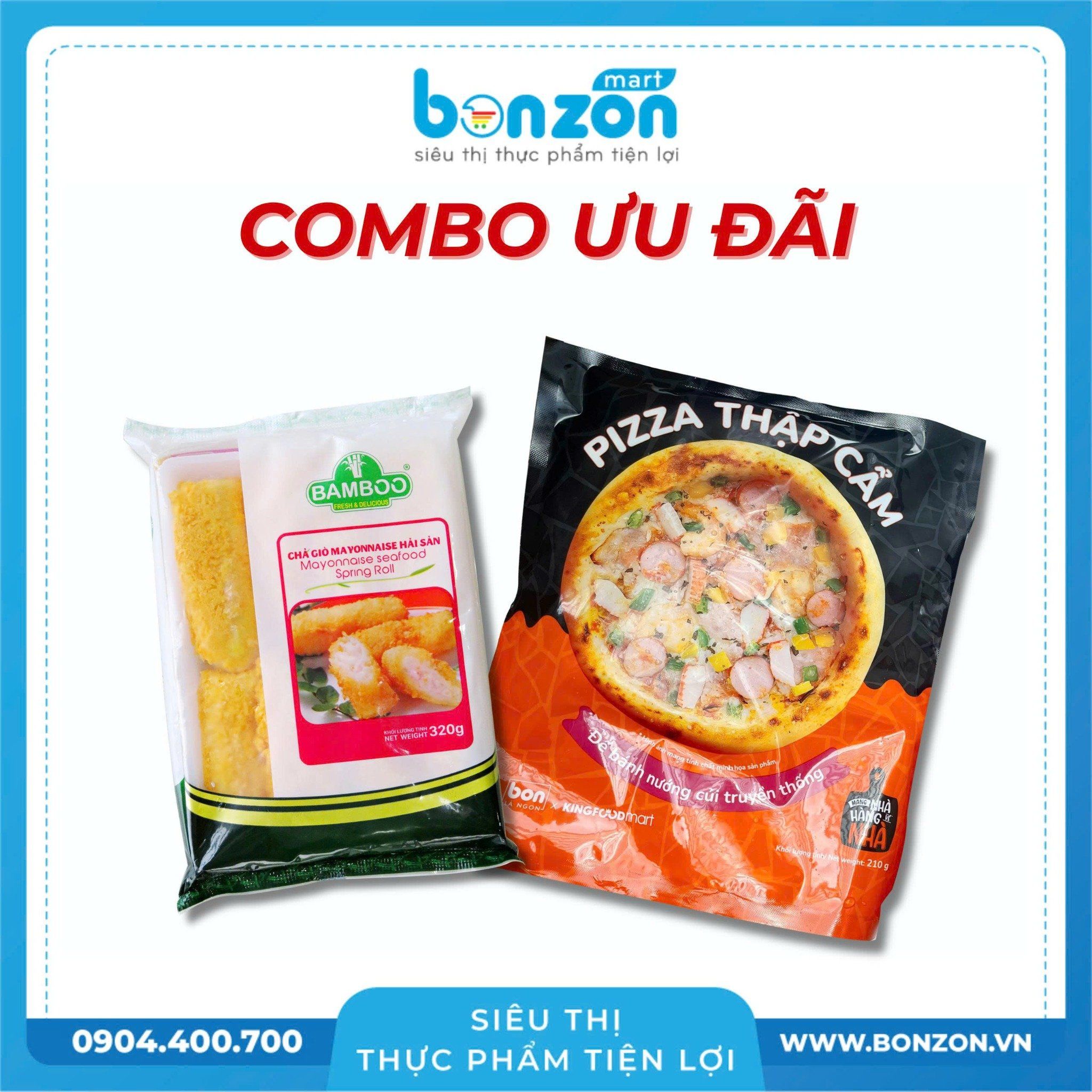  COMBO ZÒN ZÒN PIZZA THẬP CẨM KINGBON 18CM (210G) + CHẢ GIÒ HẢI SẢN MAYONAISE BAMBOO 40G (320G) 