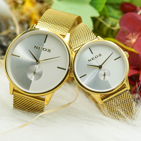 đồng hồ đôi tình nhân neos n-40679 sapphire dây lưới chính hãng