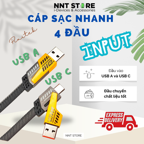  Cáp Sạc Nhanh Đa Năng 4 Đầu - C-L, C-C, USB-C, USB-L Tối Đa 65W | Cáp 4 in 1 Pixitek 