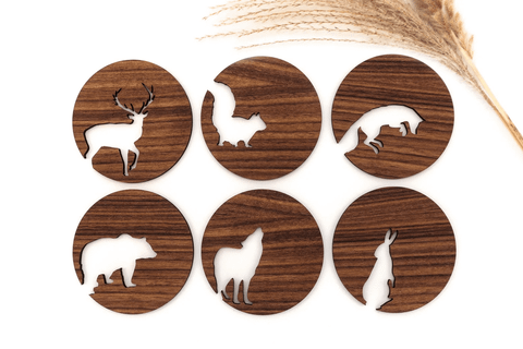  Coasters for glasses, cups, pots made of wood lasered in oak or walnut, forest animals, table decoration, glass coasters, autum home decor 