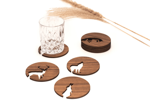 Coasters for glasses, cups, pots made of wood lasered in oak or walnut, forest animals, table decoration, glass coasters, autum home decor