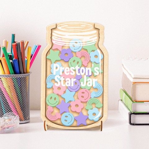 Custom Reward Jar and Tokens, Rainbow Classroom Teacher Star Jar Chore Chart, Gifts Kids Fridge Wood Acrylic Printed Personalized Name