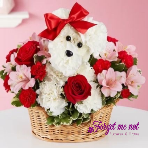  Giỏ hoa cún yêu tone trắng đỏ 