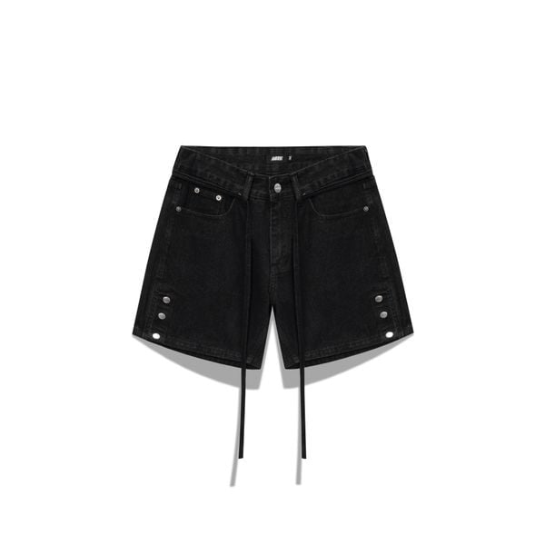  Snap Button Wide Leg Denim Shorts - Black 