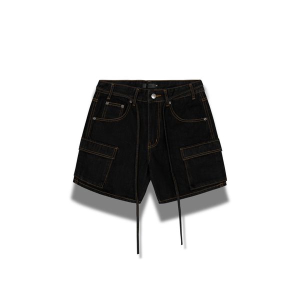  Cargo Wide Leg Denim Shorts - Indigo Black 