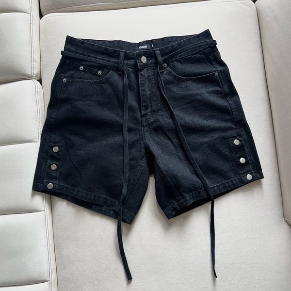  Snap Button Wide Leg Denim Shorts - Black 
