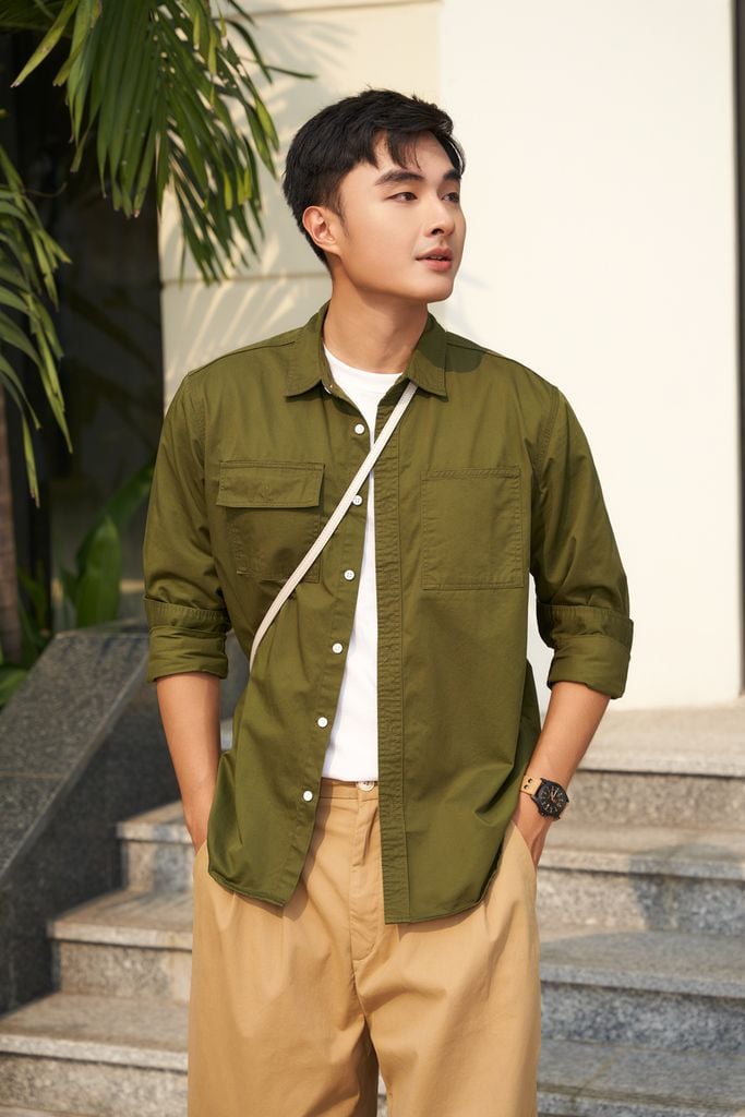  Áo Sơ Mi Nam Tay Dài Cotton Hai Túi Trơn 2312028 