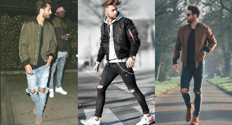 Quần bò rách gối đi kèm áo khoác bomber