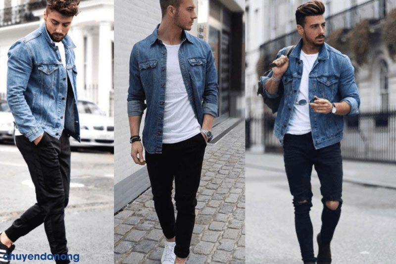 Quần jean skinny tối màu mặc cùng áo denim on denim sáng màu 