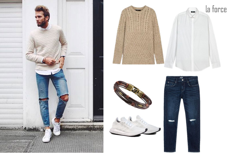 Outfit quần jean rách gối và áo len 