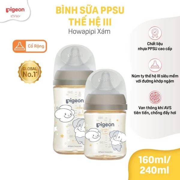 Bình sữa Pigeon PPSU Plus thế hệ III cổ rộng Howapipi (160ml/240ml)