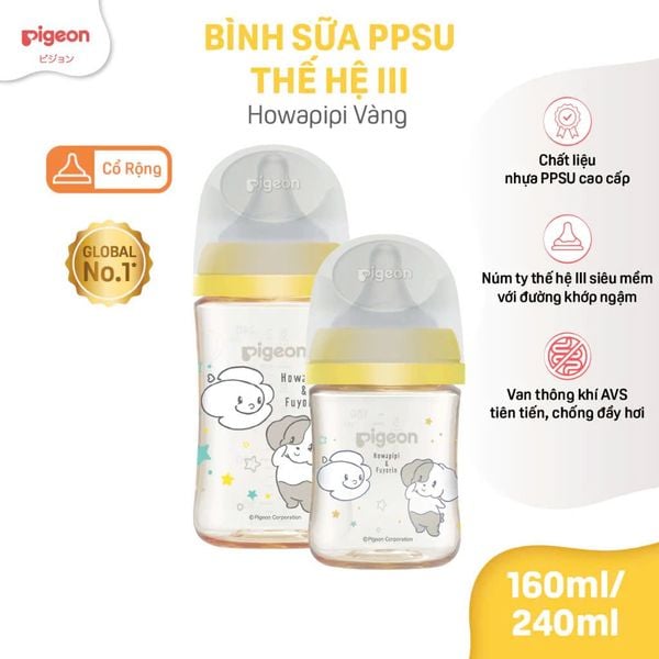 Bình sữa Pigeon PPSU Plus thế hệ III cổ rộng Howapipi (160ml/240ml)