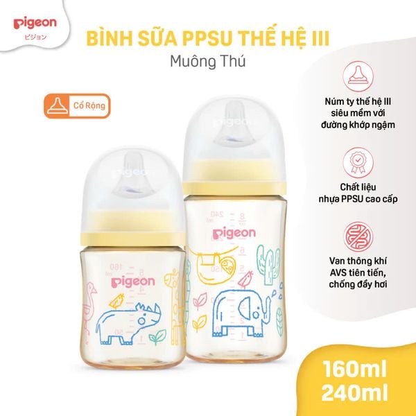 Bình Sữa Pigeon PPSU Softouch Baby-Friendly World 160ml/240ml - Nhiều Hoạ Tiết