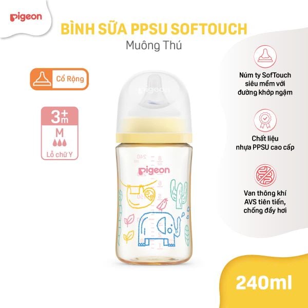 Bình Sữa Pigeon PPSU Softouch Baby-Friendly World 160ml/240ml - Nhiều Hoạ Tiết