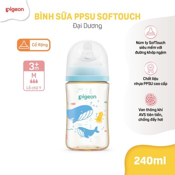 Bình Sữa Pigeon PPSU Softouch Baby-Friendly World 160ml/240ml - Nhiều Hoạ Tiết