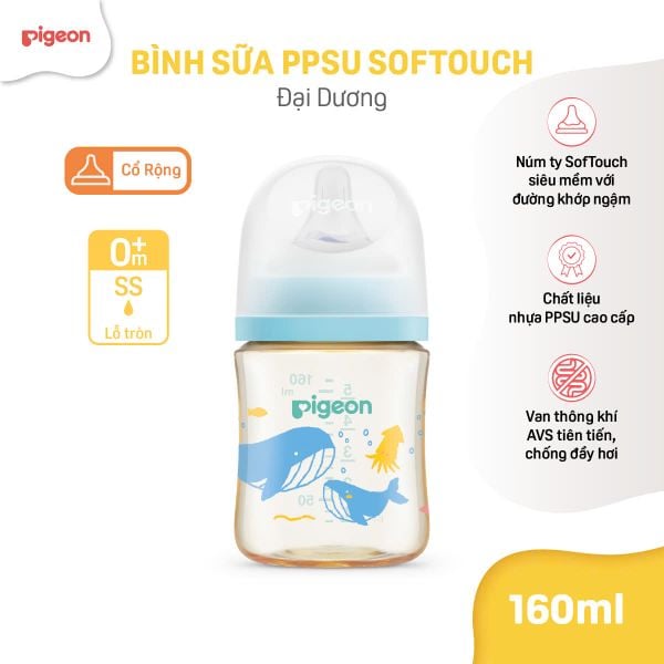 Bình Sữa Pigeon PPSU Softouch Baby-Friendly World 160ml/240ml - Nhiều Hoạ Tiết