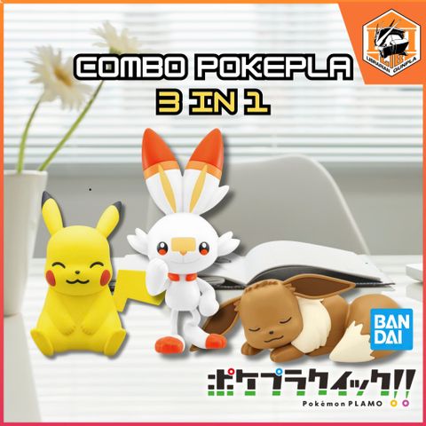 Combo Pokepla Quick - Poses Trio - Eevee (sleeping) + Pikachu (sitting) + Scorbunny (standing)