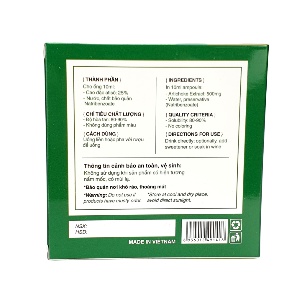 Hộp Cao Nước Atiso lá tươi uống liền (loại không đường) Ngọc Thảo - 10 ống 10ml